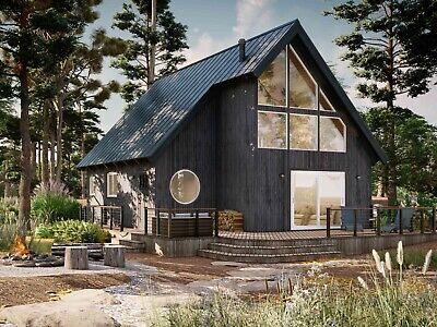 a house in the woods with lots of trees and plants around it, surrounded by tall pine trees