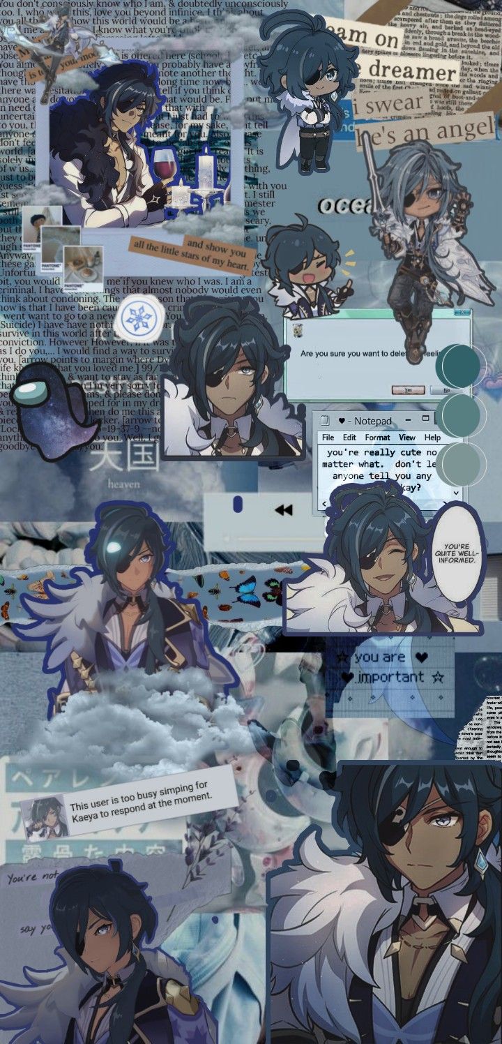 an anime character collage with many different pictures and words on the side of it