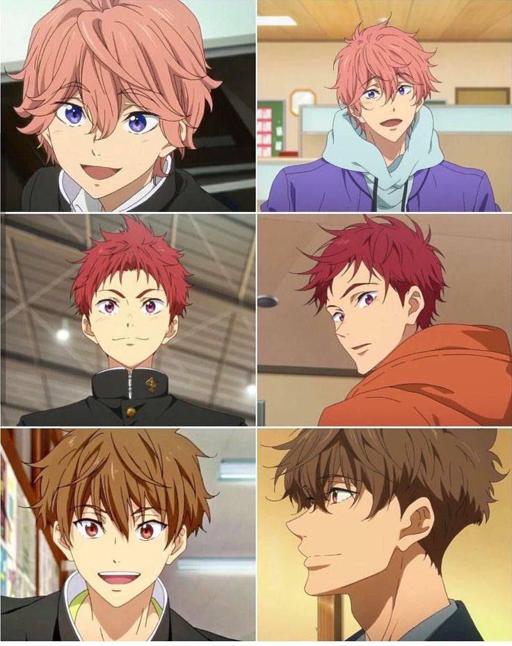 four different anime characters with red hair and blue eyes