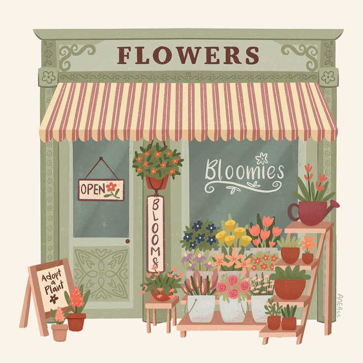 a flower shop with potted plants and flowers on the front window, next to a sign that says blooms