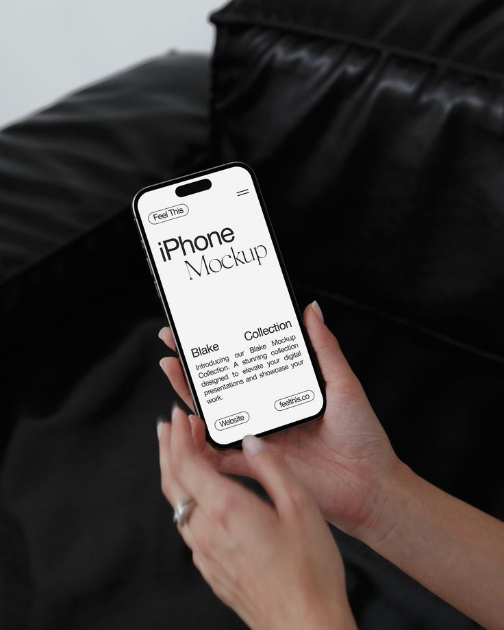 a woman holding an iphone in her hand with the text iphone mockup on it