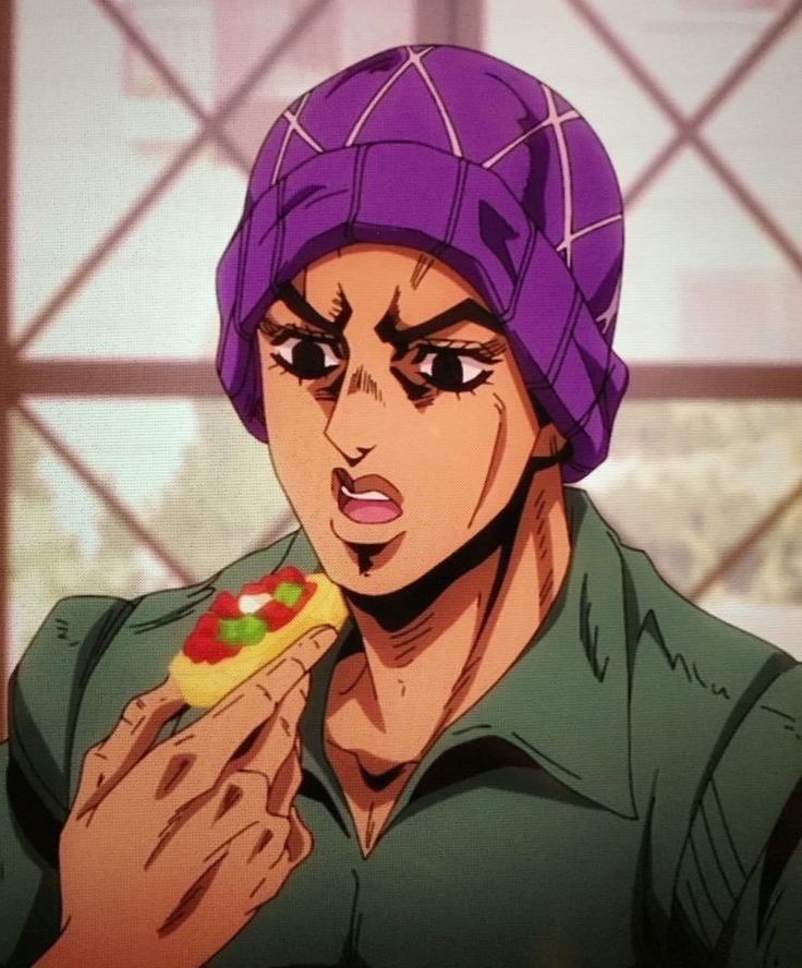 an anime character holding a piece of pizza