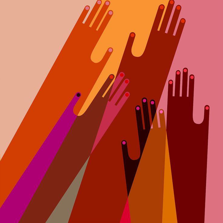 many different colored hands reaching out to each other