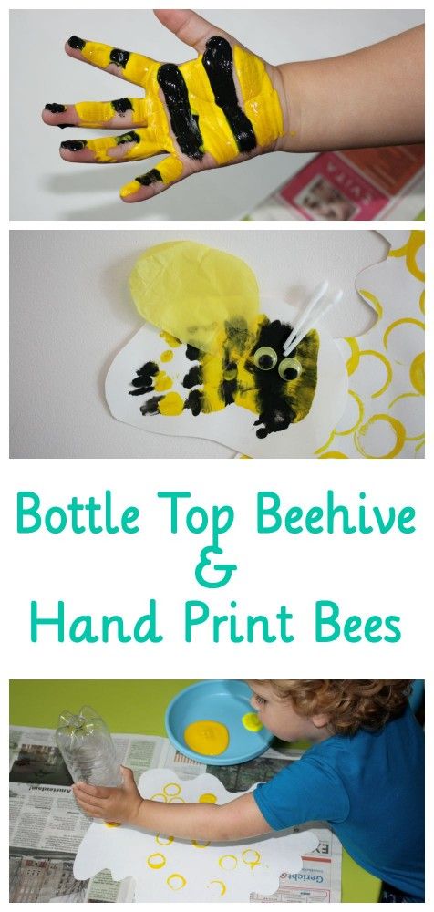 two pictures with the words bottle top beehive and hand print bees