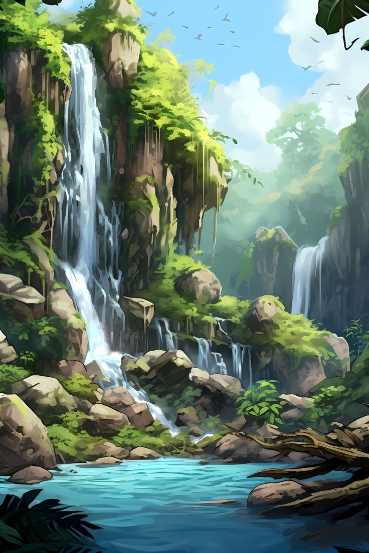 a painting of a waterfall in the middle of a forest