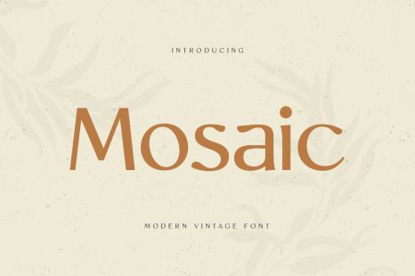 the word mosaic written in brown on a white background with leaves and branches around it