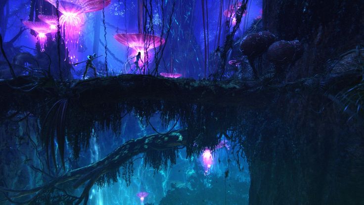 an alien forest with glowing mushrooms and plants