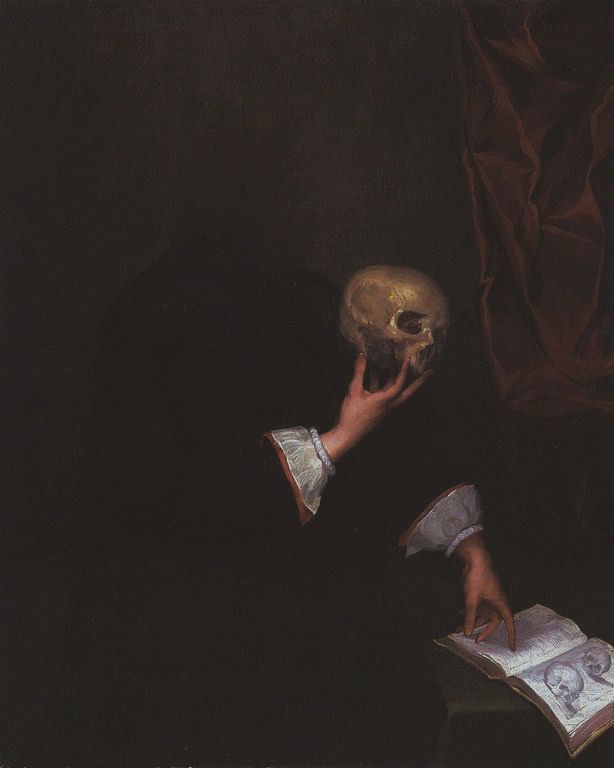 a painting of a man with a skull on his head holding a book in one hand