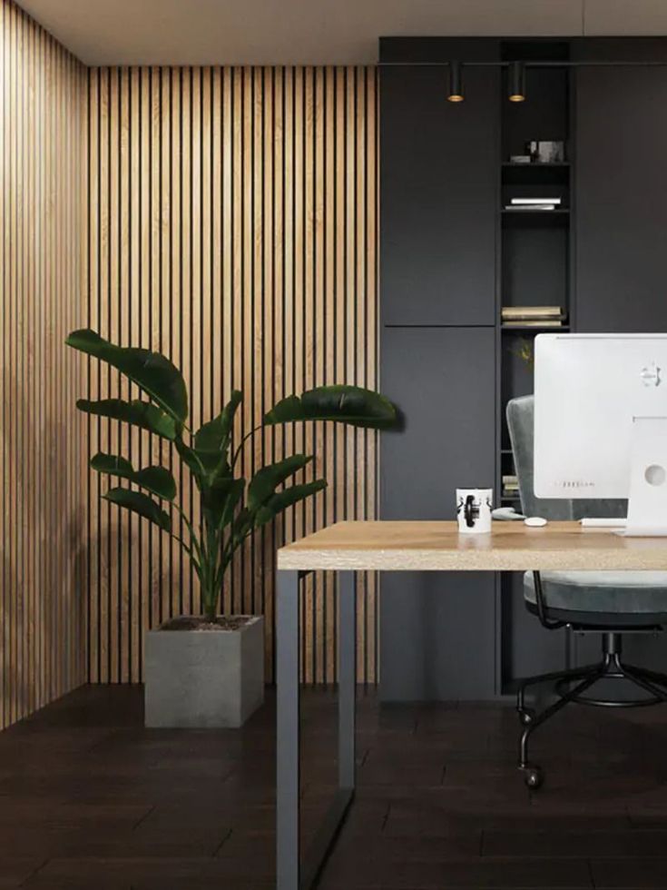 a desk with a computer on top of it next to a potted plant and bookshelf