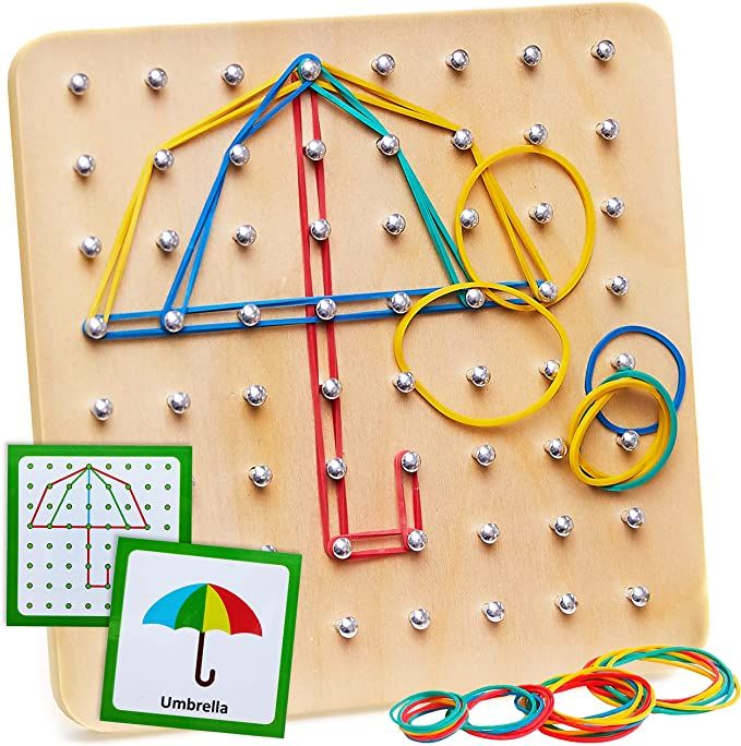 a wooden peg board with different colored beads and an umbrella on the top, next to it is a card game for children