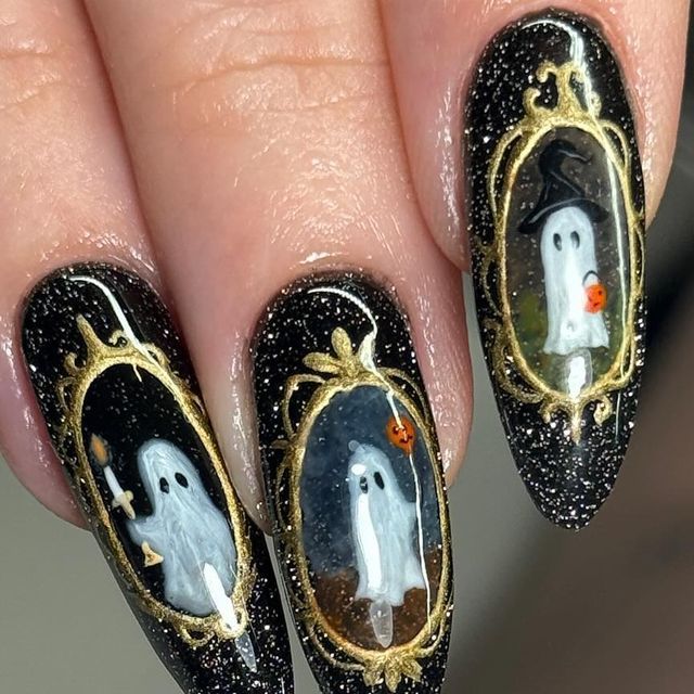 Over The Garden Wall Nails, Gold Sparkle Nails, White Gel Polish, Bad Nails, Wall Nails, Witchy Nails, White Highlights, Oc Inspo, Sparkle Nails