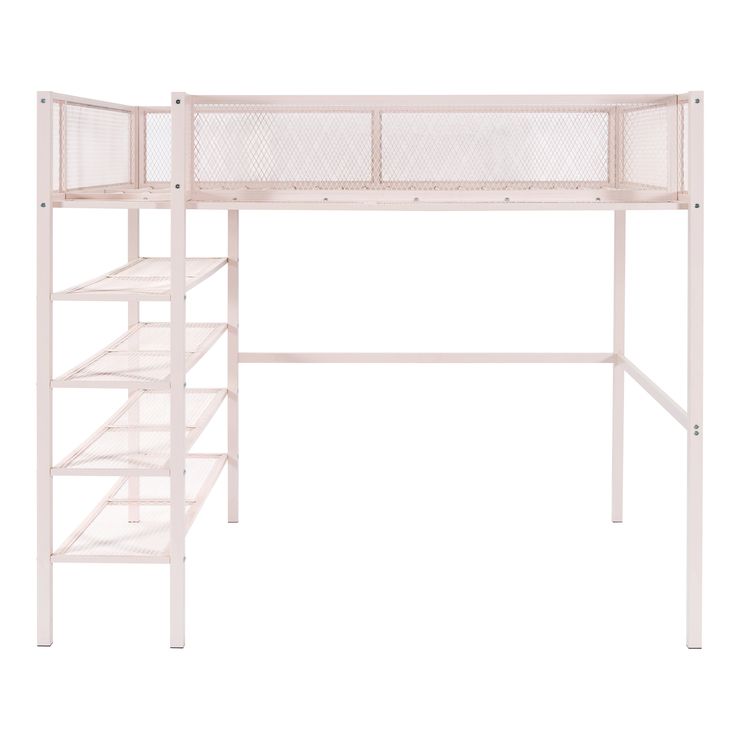 a white loft bed with stairs and shelves on the bottom level, against a white background