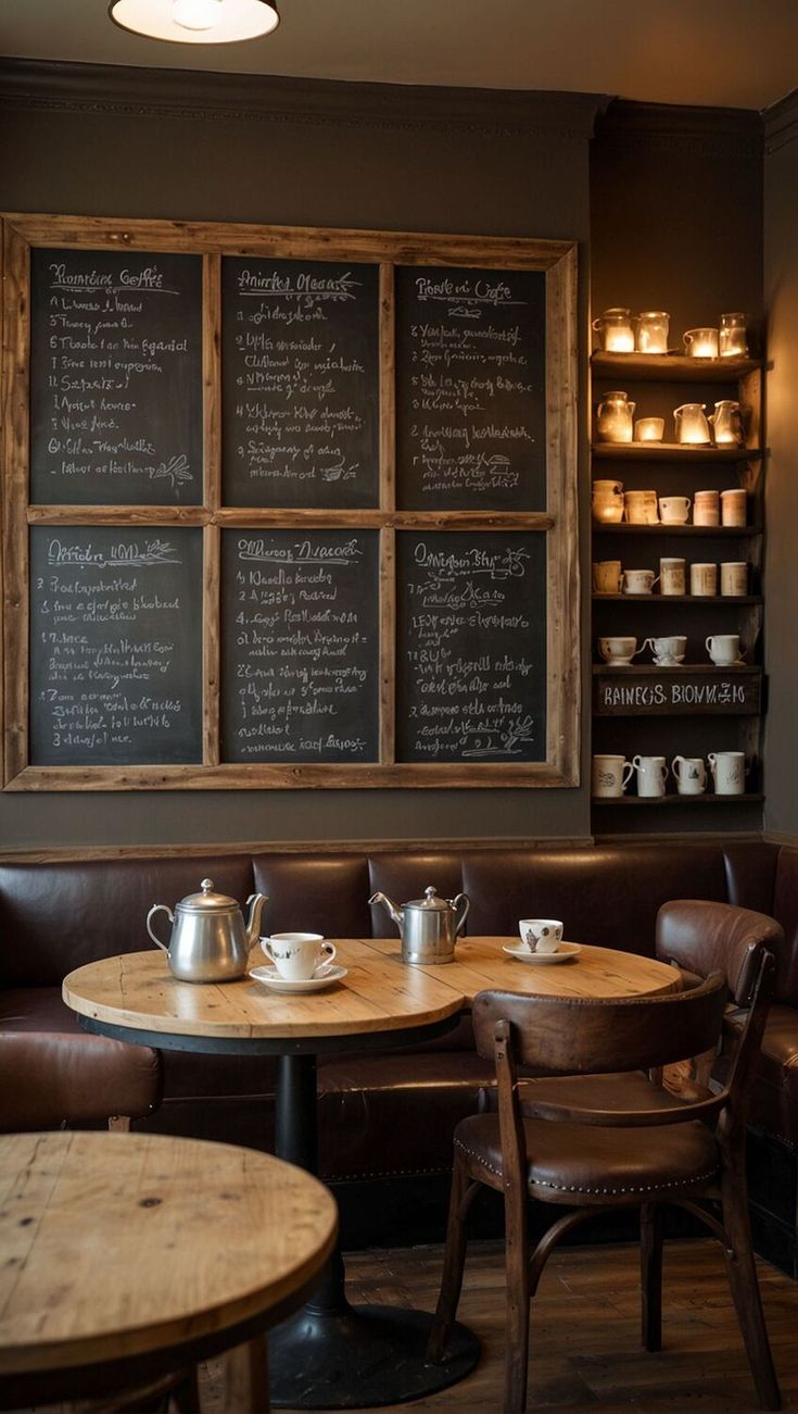 a table with two chairs and a chalkboard on the wall in a coffee shop