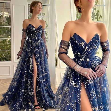 Dark Blue Starry Dress, Faerie Ball Gown, Galaxy Sweet 16 Dress, Fantasy Galaxy Dress, Night Theme Dress, Fantasy Ball Dress, Astronomy Outfit, Starry Gown, Space Inspired Outfits