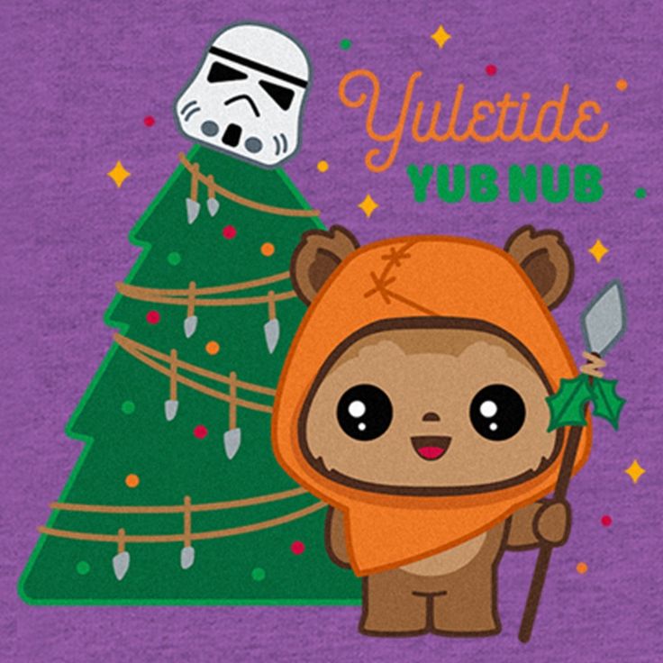 a star wars themed t - shirt with a cartoon character holding a spear in front of a christmas tree