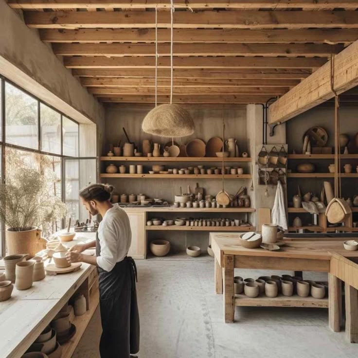 a woman standing in a room filled with pottery