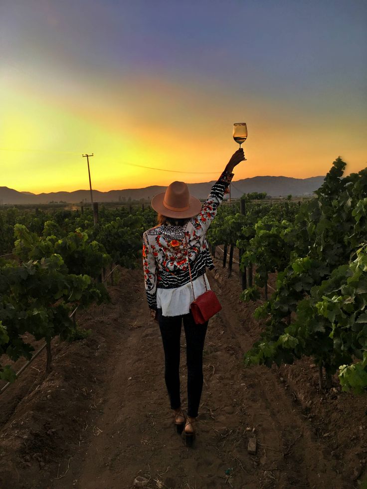 a woman walking down a dirt road holding a wine glass in one hand and a red purse in the other