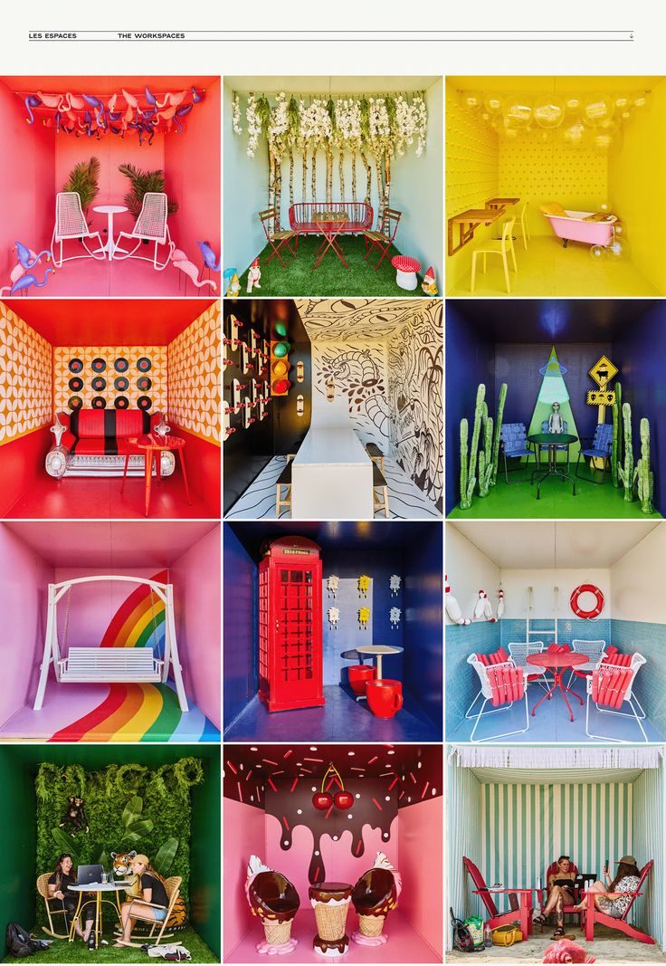 a collage of photos showing different rooms and furniture in various colors, shapes and sizes