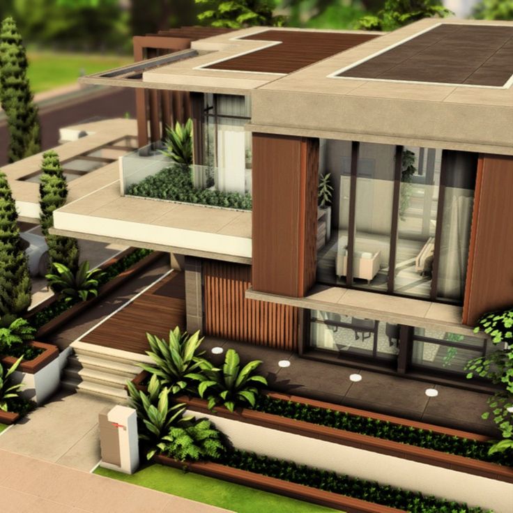 an artist's rendering of a modern house with trees and shrubs in the front yard