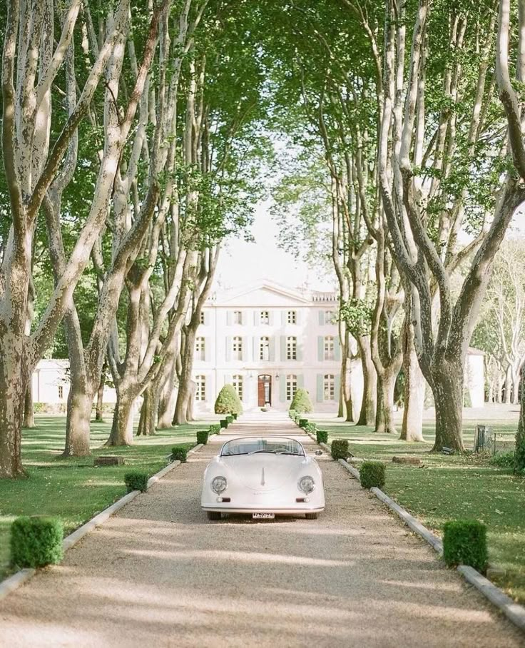 a white car parked in front of a large house surrounded by trees and bushes on either side of the road