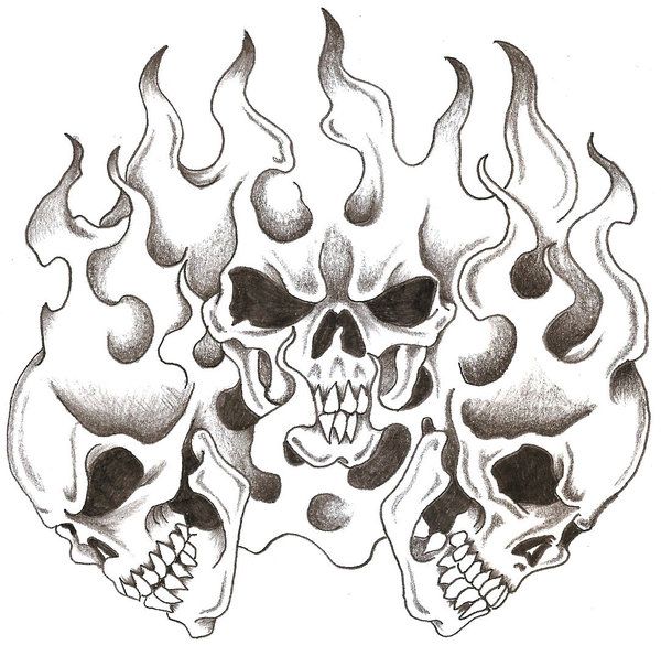 two skulls with flames on their heads are shown in black and white ink, as well as