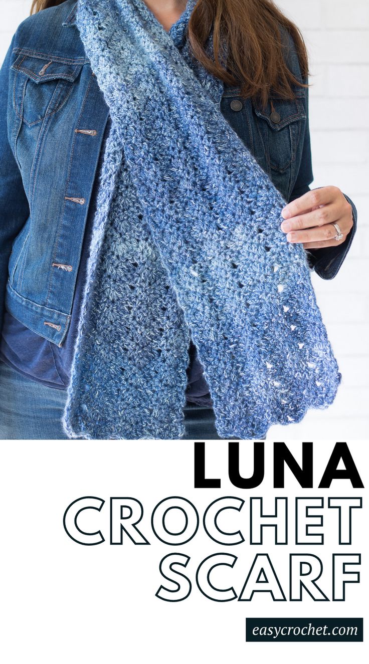 a woman wearing a blue scarf with text overlay that reads luna crochet scarf