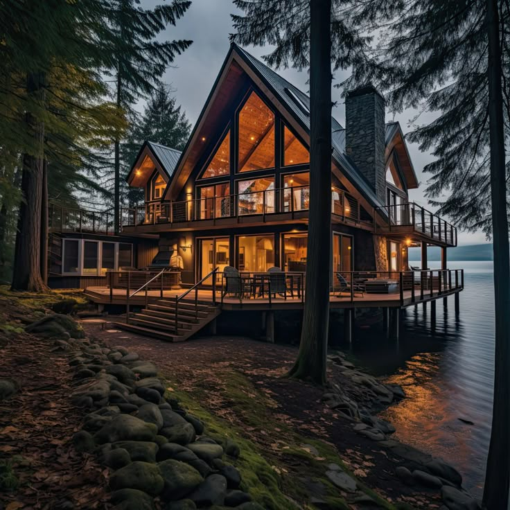 a house that is sitting in the woods next to some water and trees with lights on