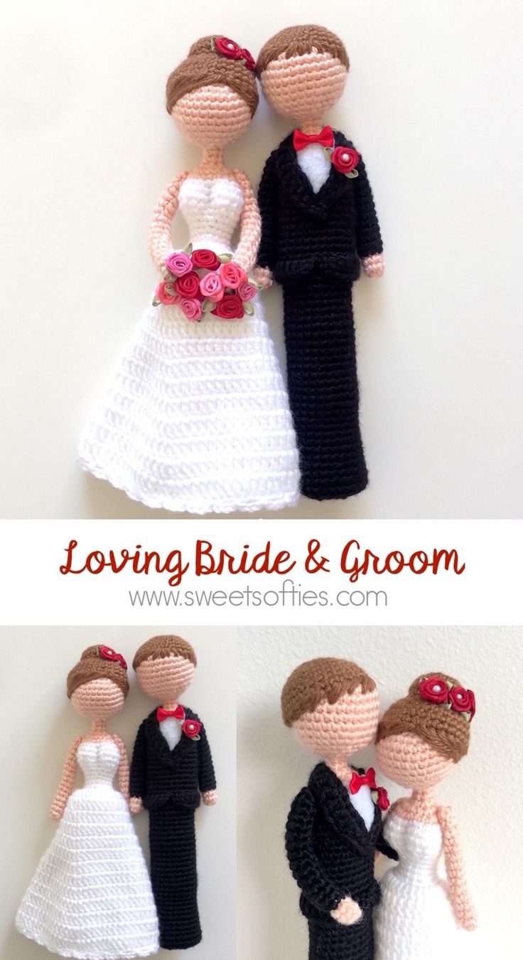 crocheted bride and groom dolls made to look like they are holding each other