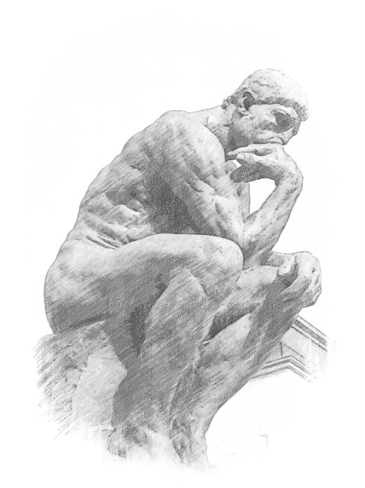 a pencil drawing of a seated man with his hand on his chin and looking down