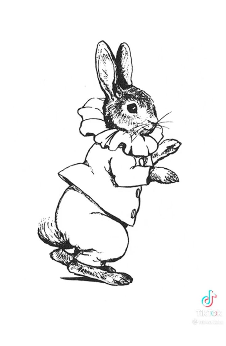 a black and white drawing of a rabbit with flowers on it's back legs