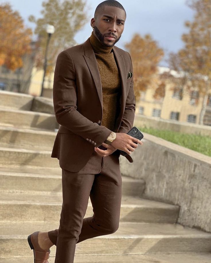 Men’s Fall Suit Ideas, Black Men Business Casual Outfits, Brown Men Fashion, Earthtone Outfits Men, Brown Mens Suit, Mens Suit For Wedding, Black Mens Fashion Suits, Suit For Wedding, Mens Business Casual Outfits