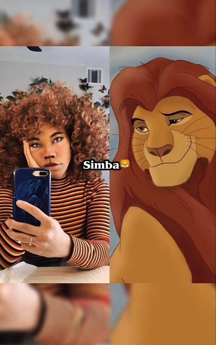 a woman holding a cell phone in front of a cartoon lion and an image of simba