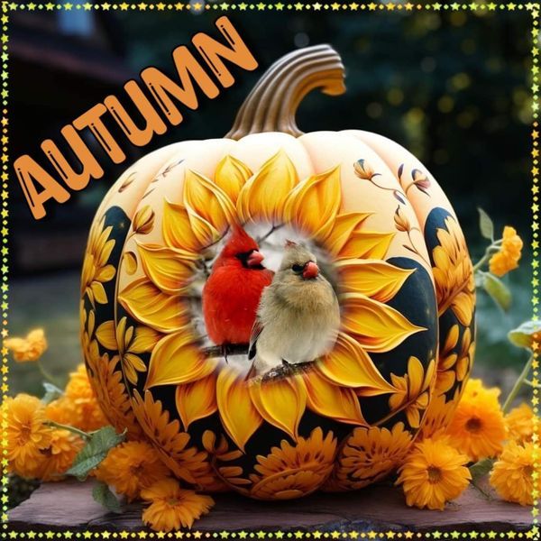 a pumpkin decorated with flowers and a bird on it's face in the center