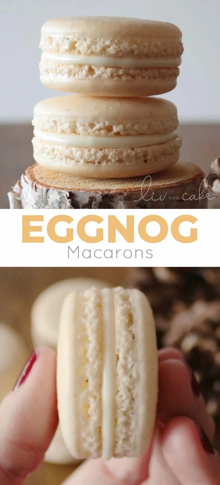 an eggnog macaron is being held up by someone's hand