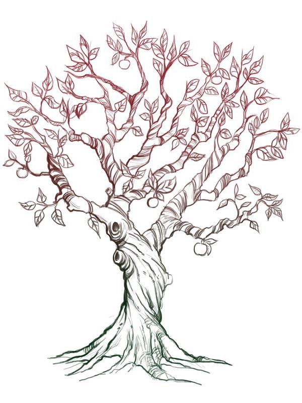 a drawing of a tree with lots of leaves on it's trunk and branches