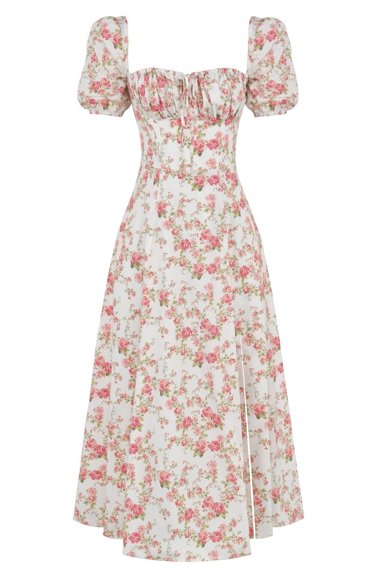 Channel major garden-party energy in this crisp floral sundress featuring a ruched neck, a built-in corset and dainty puff sleeves. Exclusive retailer Square neck Short sleeves Lined 65% cotton, 32% nylon, 3% elastane Dry clean Imported Summer Midi Dress With Sweetheart Gathered Neckline, Spring Rose Print Dress With Fitted Bodice, Spring Dresses With Rose Print And Fitted Bodice, Spring Garden Party Dress With Gathered Neckline, Spring Fitted Midi Dress With Gathered Neckline, Fitted Floral Print Midi Dress For Garden Party, Fitted Midi Floral Dress For Garden Party, Floral Dress With Smocked Bodice For Spring Garden Party, Spring Floral Dress With Smocked Bodice For Garden Party