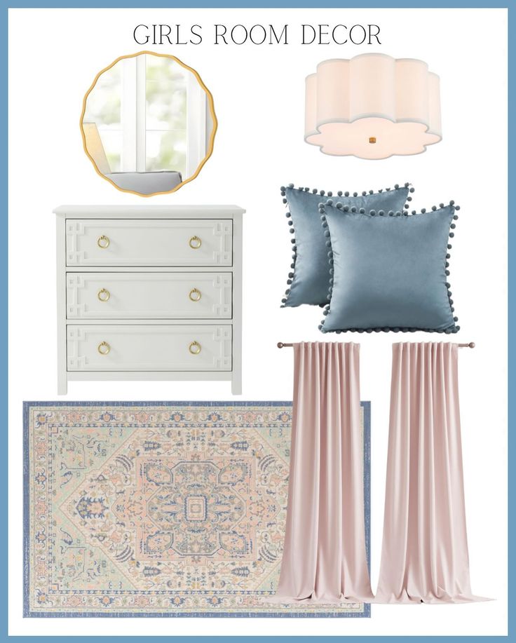 girls room decor in blue and pink with white furniture, pillows, rugs and lamps