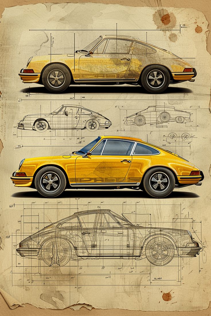 three different types of cars on top of each other in front of a blueprint