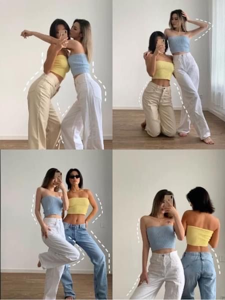 four pictures of two women in different outfits and one has her arms around the other