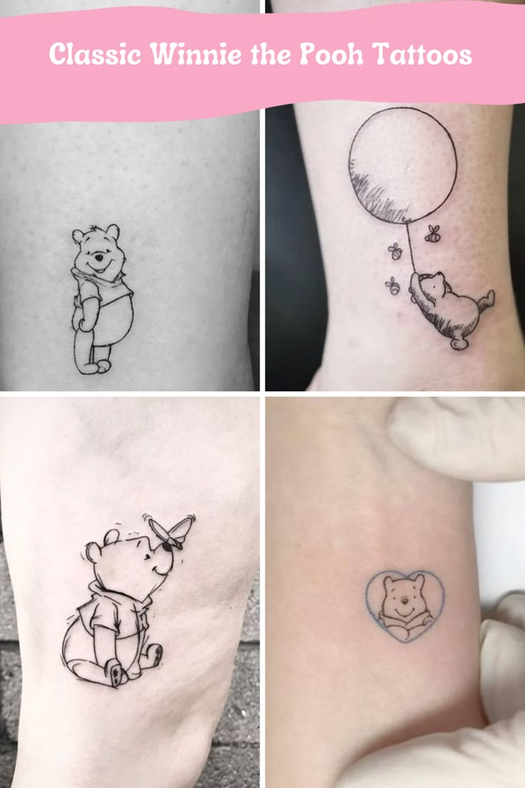 four different tattoos with winnie the pooh and pig on their legs, one has a balloon