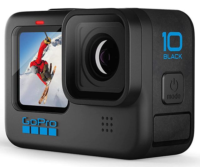 the gopro hero action camera is shown in front of a white background with an image of a snowboarder on it