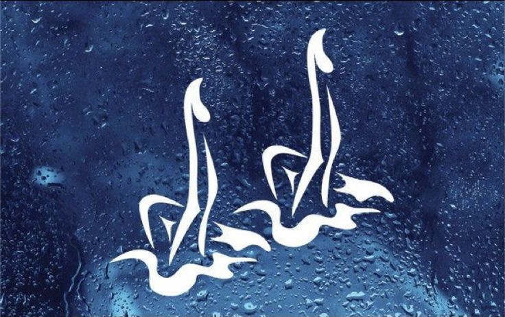 two white calligraphys on a blue glass with water droplets and drops around them