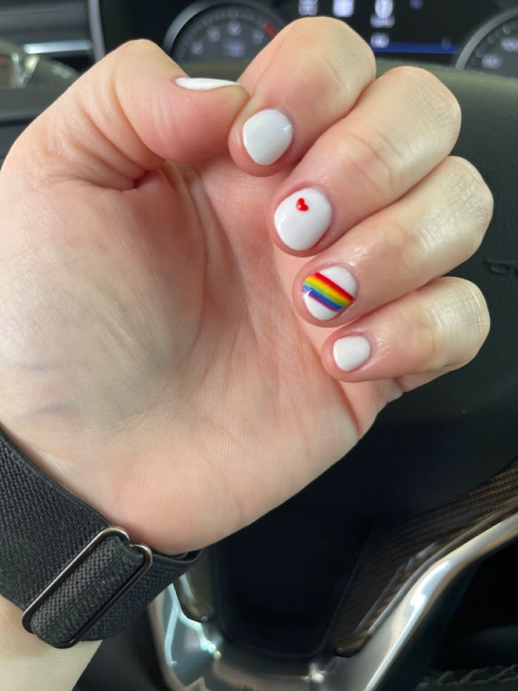 Very Simple Nails Short, Men Pride Nails, Men’s Pride Nails, Masc Pride Nails, Bisexual Pride Nails Short, Rainbow Heart Nails Design, Simple Rainbow Nails Short, Masculine Pride Nails, Rainbow Manicure Ideas