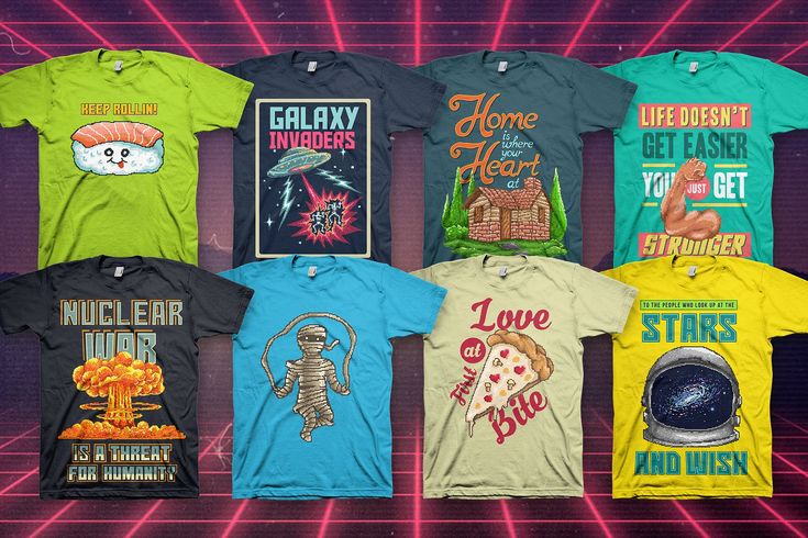 t - shirts with different designs on them against a purple and pink background that says galaxy invades