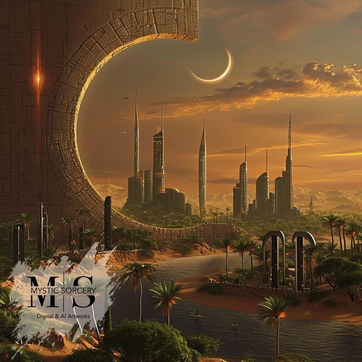 a futuristic city surrounded by palm trees and tall buildings with a crescent in the sky