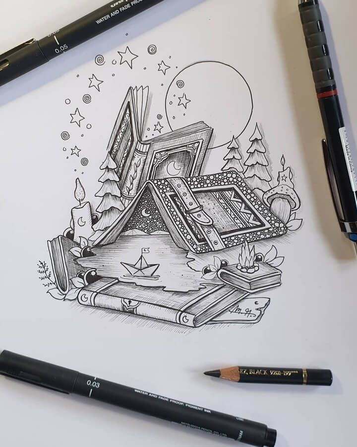 a drawing of an open book on top of a table next to some pencils