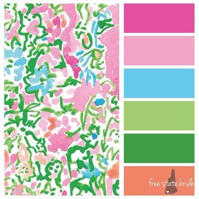 the color scheme is pink, green, and blue with flowers on it in different colors