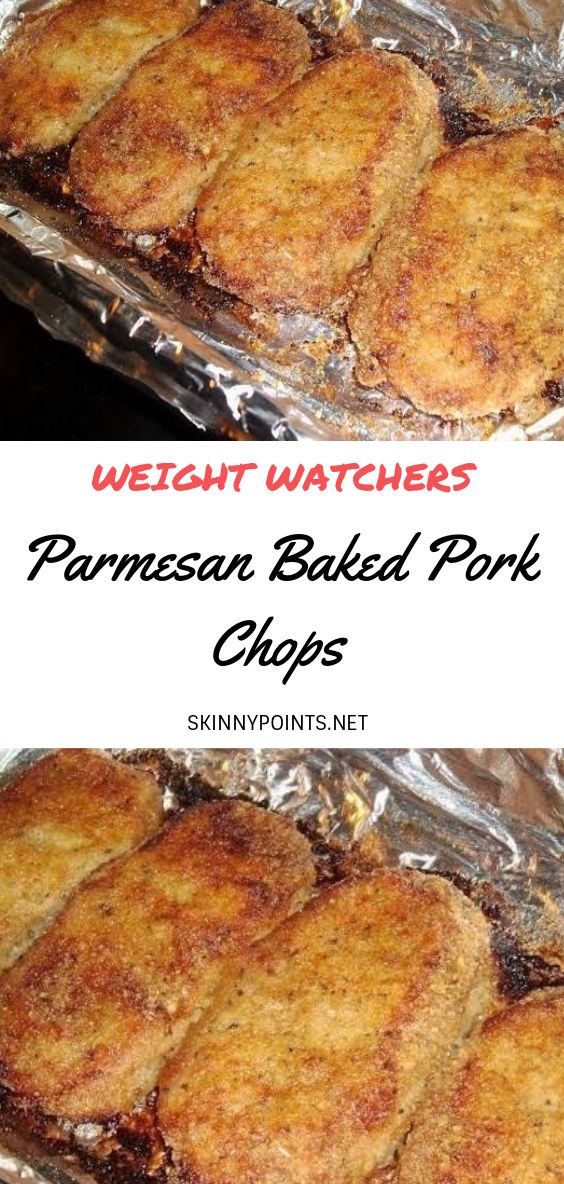 two pictures of cooked pork chops on tin foil with text overlay that reads weight watchers parmesan baked pork chops