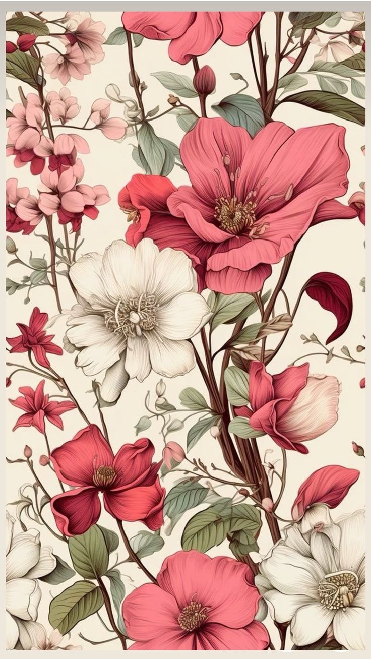 a floral wallpaper with pink, white and red flowers on the bottom half of it