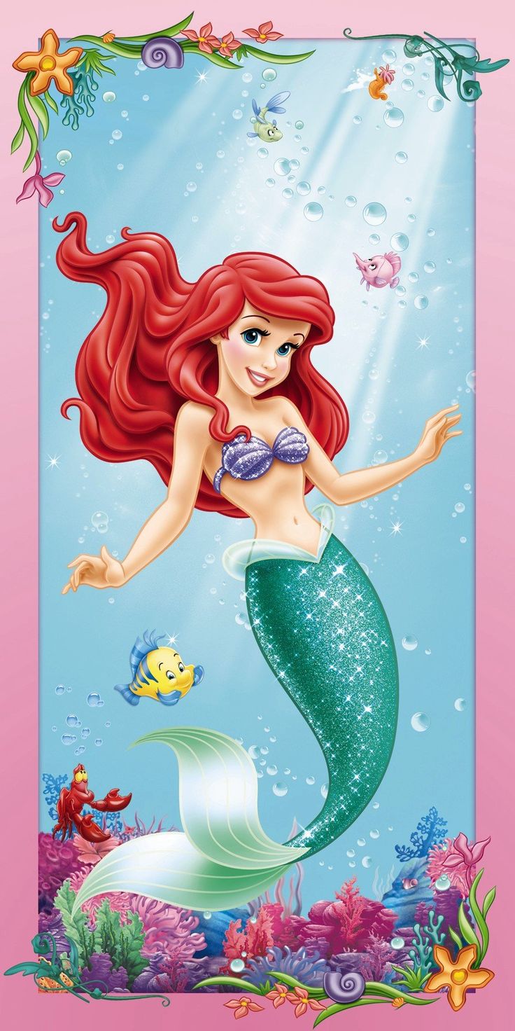 the little mermaid with her long red hair is standing in front of an underwater scene